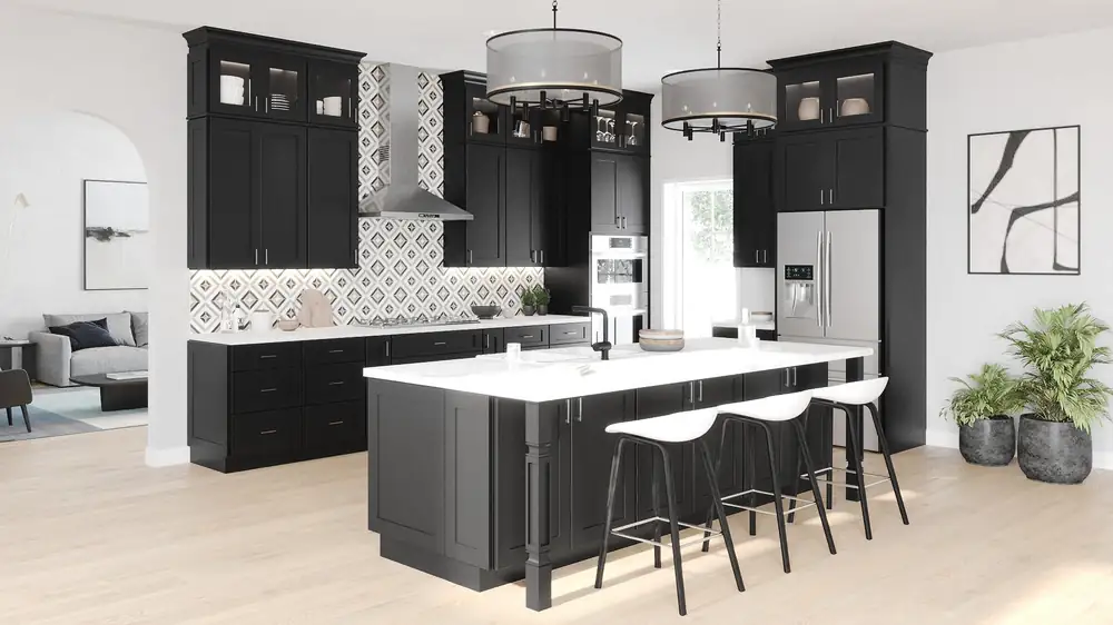 Black shaker kitchen with white island