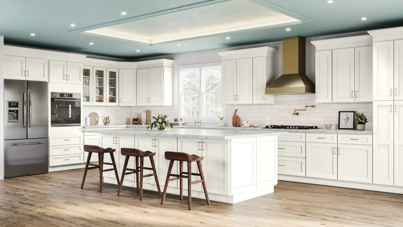 Bright white kitchen with a large island and wood bar stools