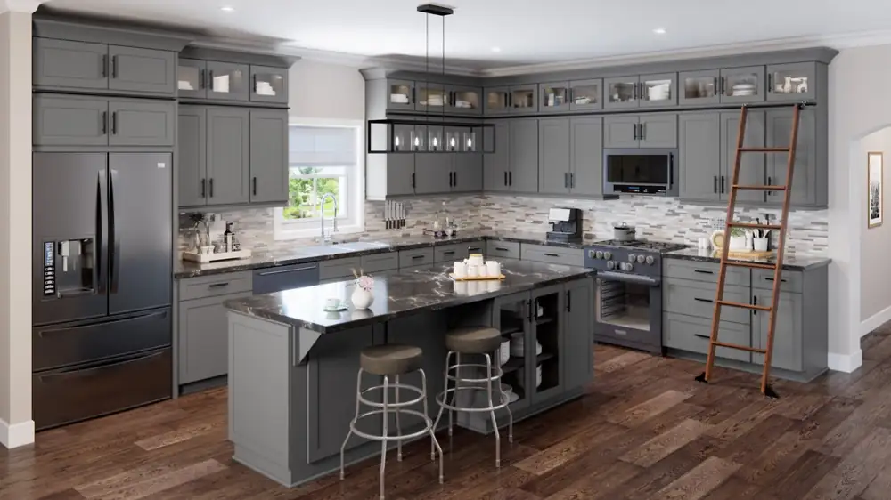 Grey shaker kitchen with dark countertops