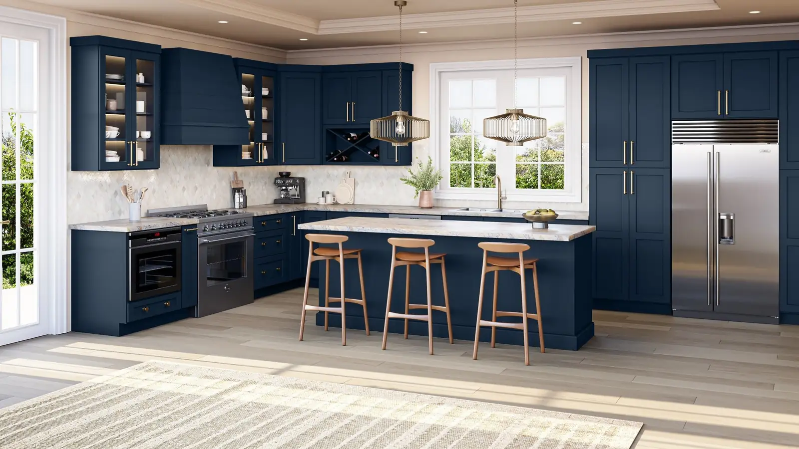 Navy shaker kitchen with a large island and brass pendant lights